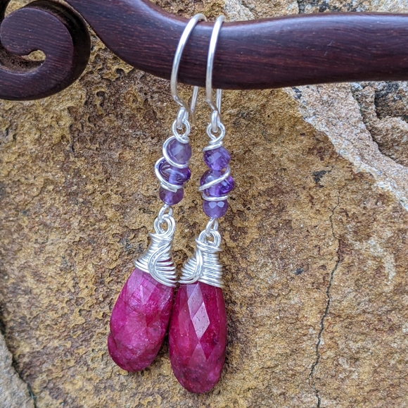 Artisan Ruby Earrings Sterling Silver With Amethyst Gemstones - Picture 11 of 12